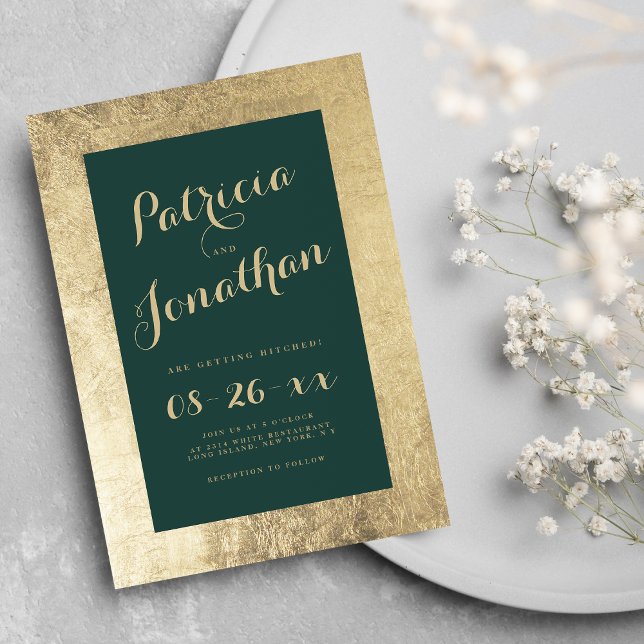 Invitation Chic forêt verte cadre or mariage calligraphie (Chic forest green gold frame calligraphy wedding)