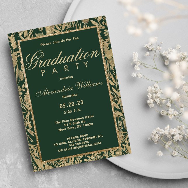 Invitation Chic forêt verte or parties scintillant florale Gr (Chic forest green gold glitter floral Graduation )