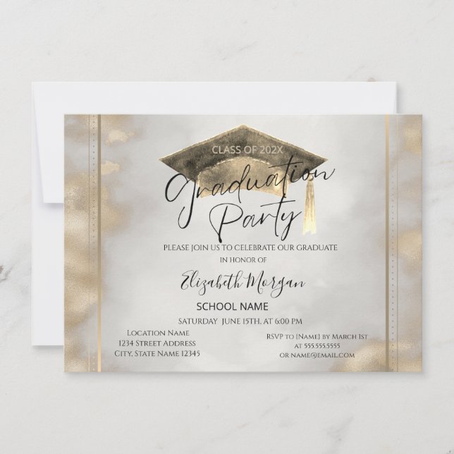 Invitation  Chic Frame Grad Cap Gold Graduation  (Devant)