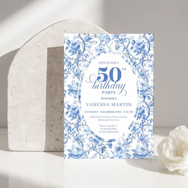 Invitation Chic French Toile de Jouy Blue Roses 50th Birthday (French Toile de Jouy Blue Roses 50th Birthday Invitation)