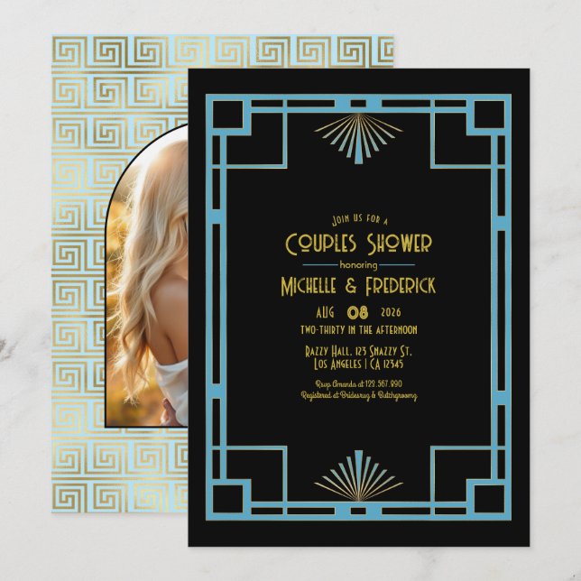 Invitation Chic Gatsby Art Deco Blue & Gold Couples Shower (Devant / Derrière)
