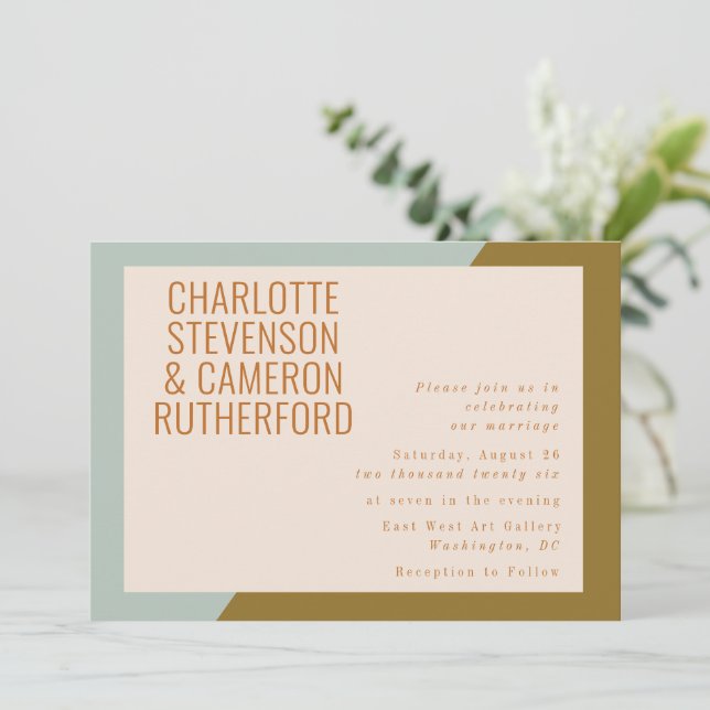 Invitation Chic Géométrique Bleu Clair et Olive Mariage  (Debout devant)