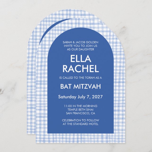 Invitation Chic Gingham Modern Custom QR Bat Bar Mitzvah Arch (Devant / Derrière)