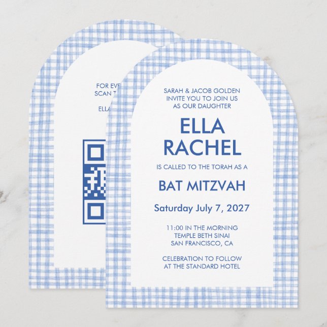 Invitation Chic Gingham Moderne Arch de Bar Mitzvah personnal (Devant / Derrière)