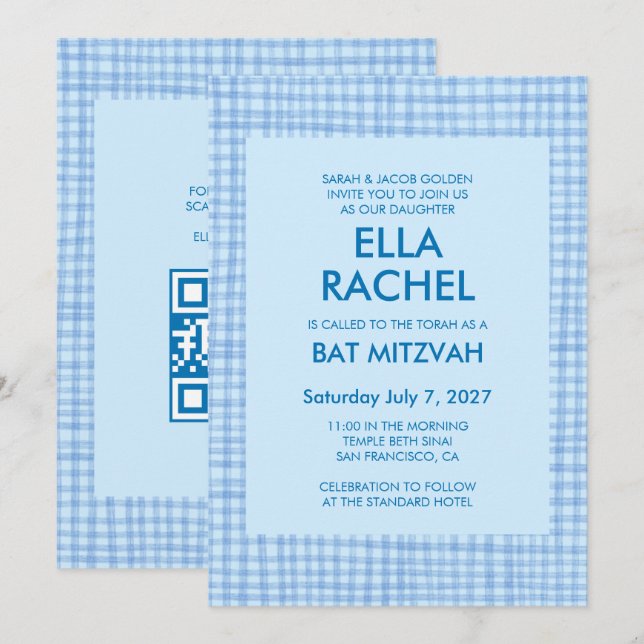 Invitation Chic Gingham Moderne Code QR Personnalisé Bar Mitz (Devant / Derrière)