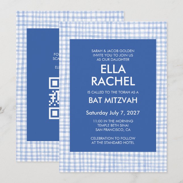 Invitation Chic Gingham Moderne Code QR Personnalisé Bar Mitz (Devant / Derrière)