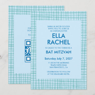 Invitation Chic Gingham Moderne Code QR Personnalisé Bar Mitz