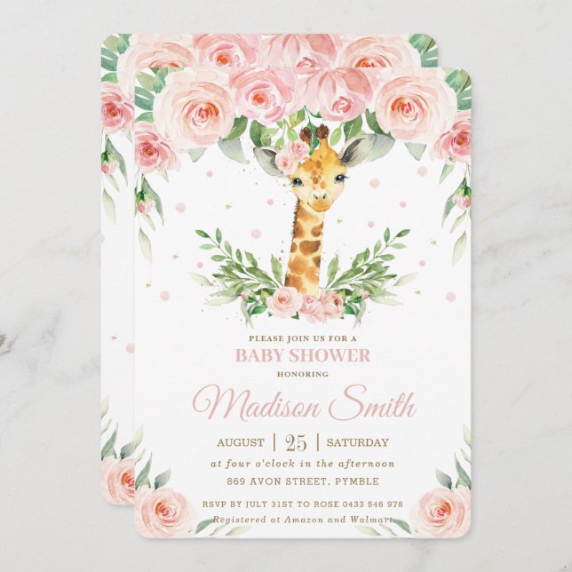 Invitation Chic Giraffe Safari Rose Blush FlorBaby shower (Devant / Derrière)