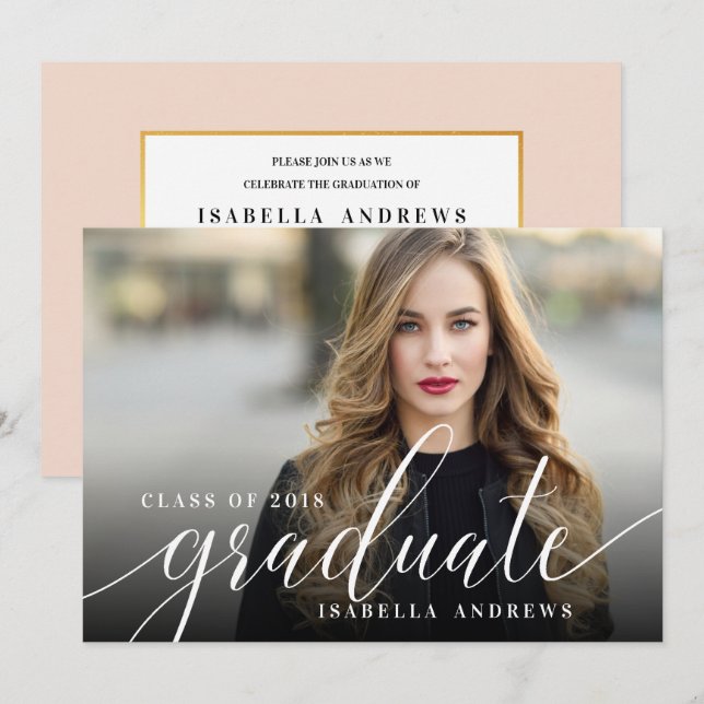 Invitation Chic Girly Hand Lettré Script Photo Graduation (Devant / Derrière)