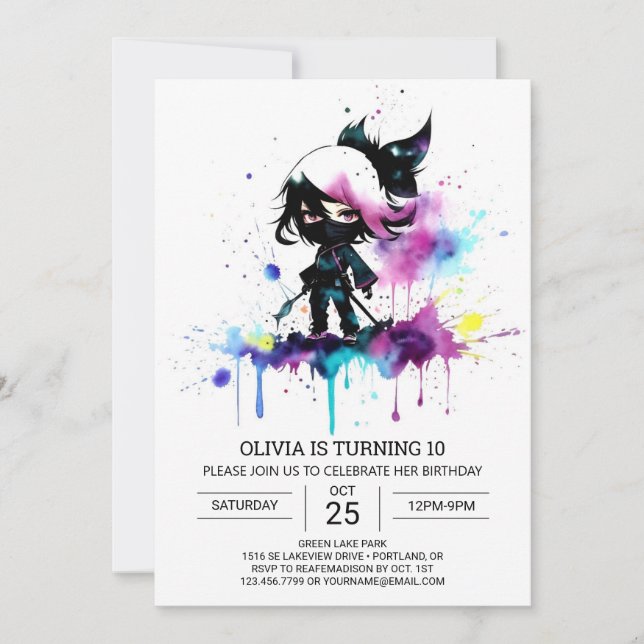 Invitation Chic Girly Little Ninja Anniversaire (Devant)