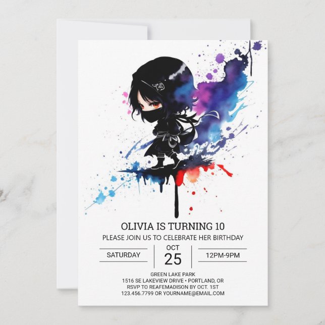 Invitation Chic Girly Ninja Editable Anniversaire (Devant)