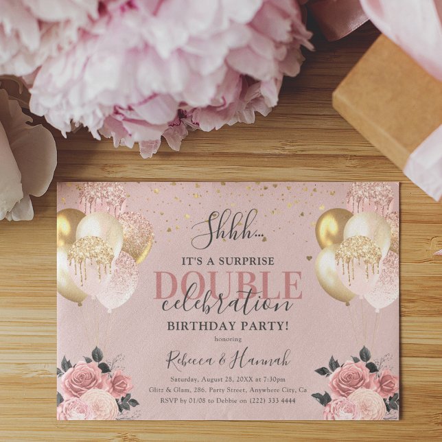 Invitation Chic Girly Surprise Double fête d'anniversaire (Créateur téléchargé)