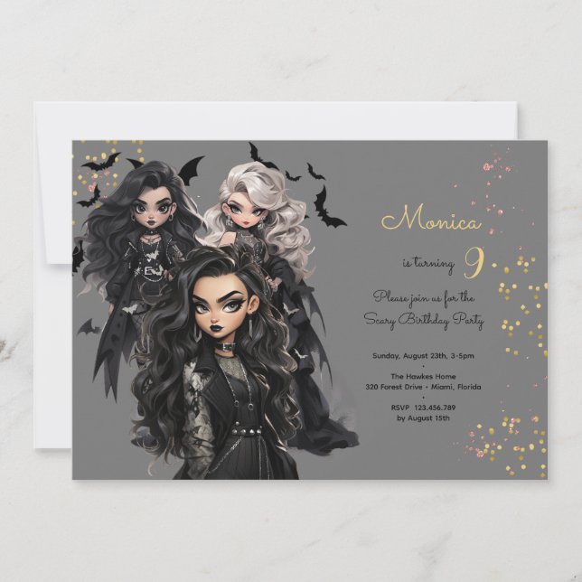 Invitation Chic glam gothique effrayant fille fête d'annivers (Devant)