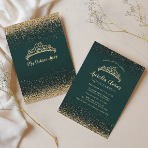 Invitation Chic Glam Green Gold Parties scintillant Tiara Qui