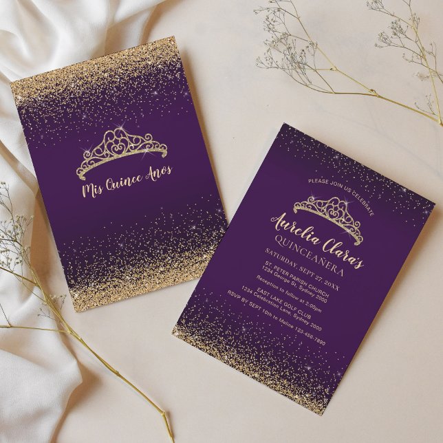 Invitation Chic Glam Purple Gold Parties scintillant Tiara Qu (Créateur téléchargé)