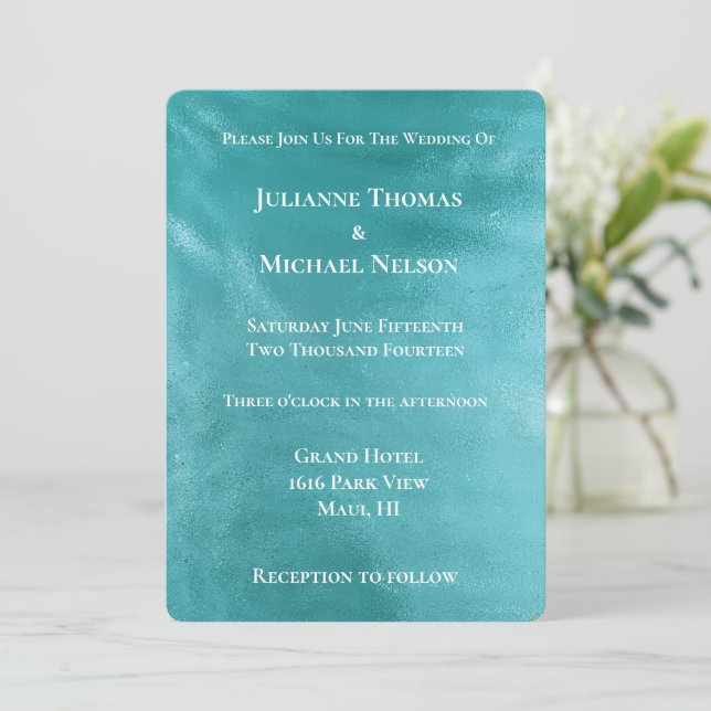 Invitation Chic Glam Turquoise Aqua Blue Mariage (Debout devant)