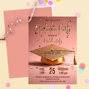 Invitation Chic Gleaming Gold Graduation Cap sur rose