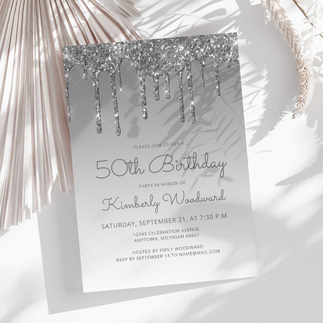 Invitation Chic Glitter Drip Argent 50e Anniversaire (Créateur téléchargé)