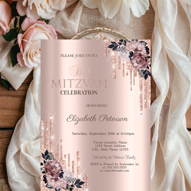Invitation Chic Glitter Drips Fleurs Rose Gold Bat Mitzvah   (Créateur téléchargé)