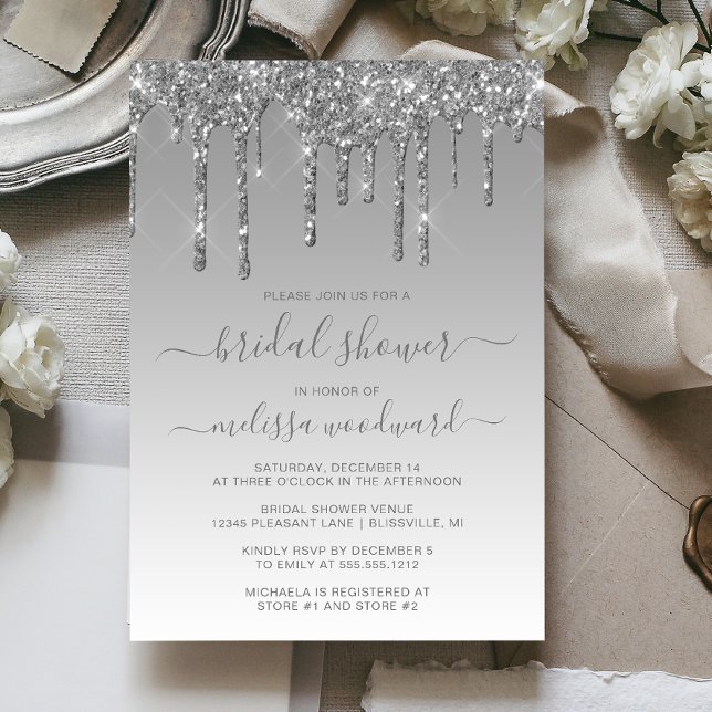 Invitation Chic Glitter Drips Silver Ombre Enterrement de Vie (Créateur téléchargé)