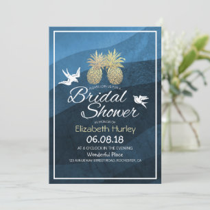 Invitation Chic Gold Ananas Couple Blue Wave Fête des mariées