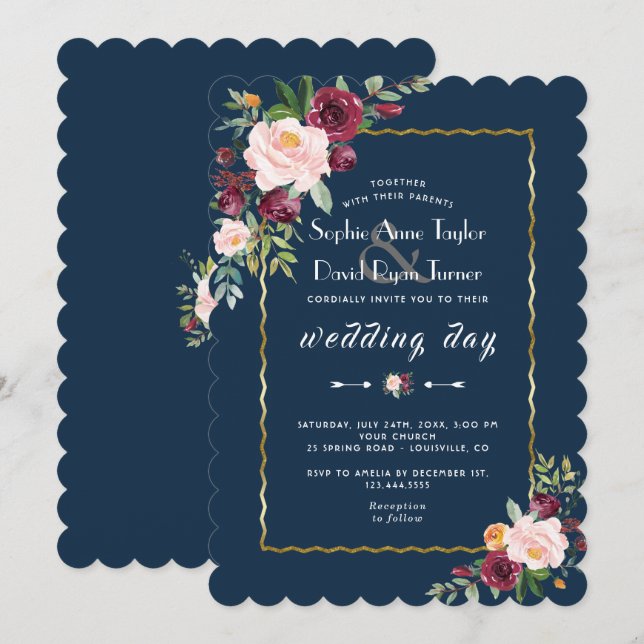 Invitation Chic Gold Burgundy Blush Floral Blue Mariage (Devant / Derrière)