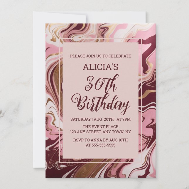 Invitation Chic Gold Burgundy Marbre rose Fluid 30e anniversa (Devant)