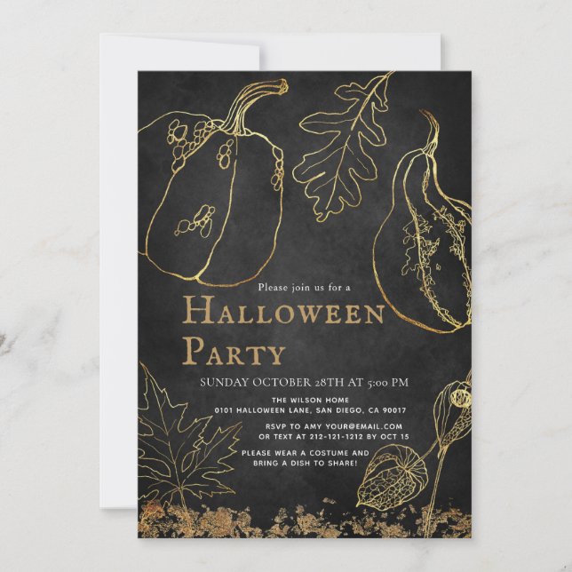 Invitation Chic Gold Citrouille Black Halloween Party (Devant)