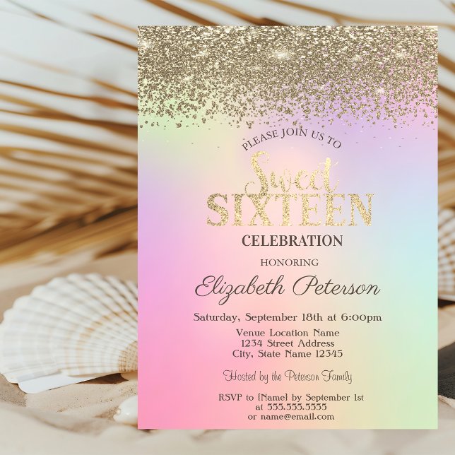 Invitation Chic Gold Confetti Diamants Holographique Sweet 16 (Créateur téléchargé)