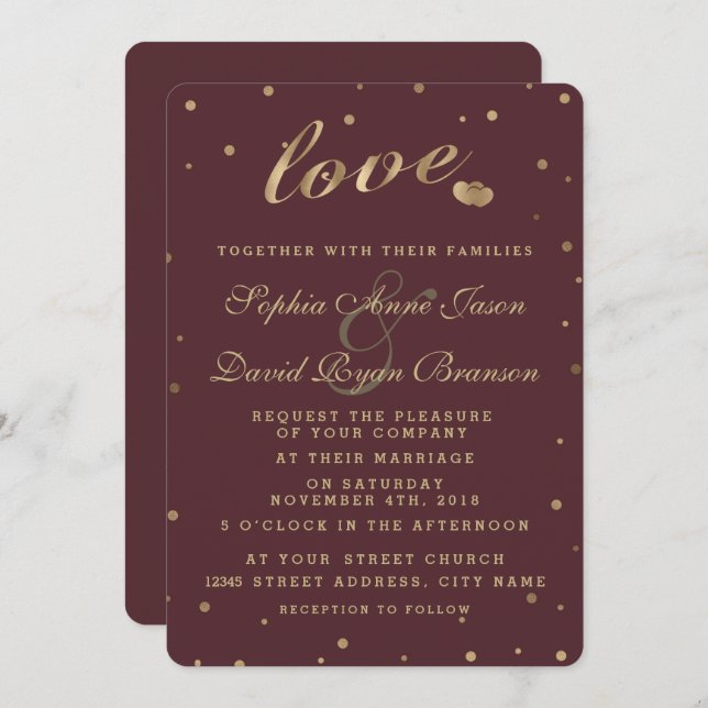 Invitation Chic Gold Confetti Love Mariage Bourgogne Inviter (Devant / Derrière)
