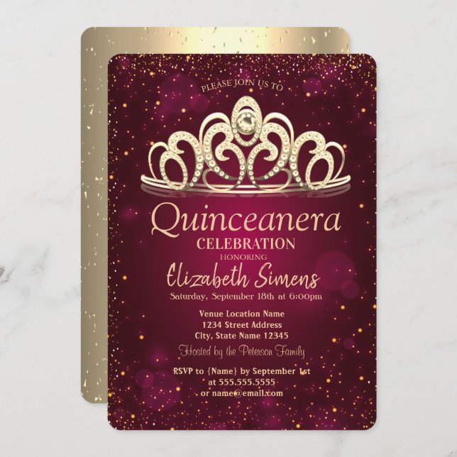 Invitation Chic Gold Confetti Tiara Burgundy Quinceañera (Devant / Derrière)