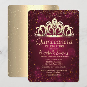 Invitation Chic Gold Confetti Tiara Burgundy Quinceañera