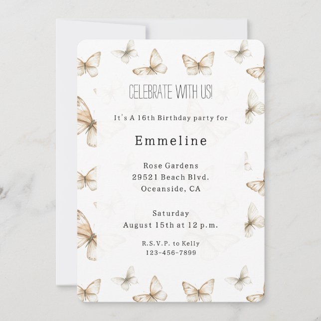 Invitation Chic Gold Cream White Butterflies Birthday (Devant)