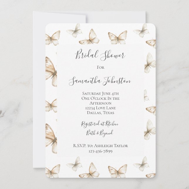 Invitation Chic Gold Cream White Butterflies Bridal Shower (Devant)