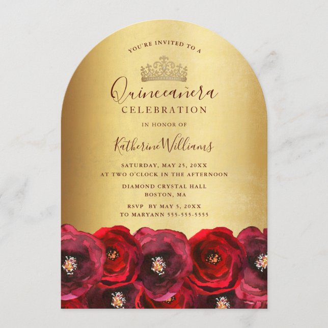 Invitation Chic Gold Crown Red Rose Floral Quinceañera  (Devant)
