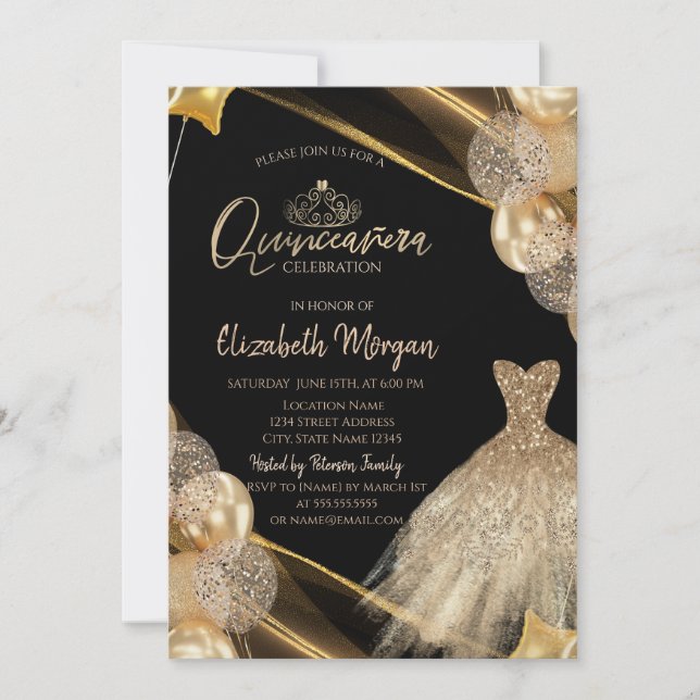 Invitation Chic  Gold Dress Tiara Balloons Quinceañera (Devant)