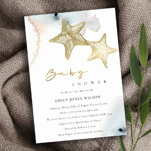 Invitation Chic Gold Dusky Blue Beachy Starfish Baby shower