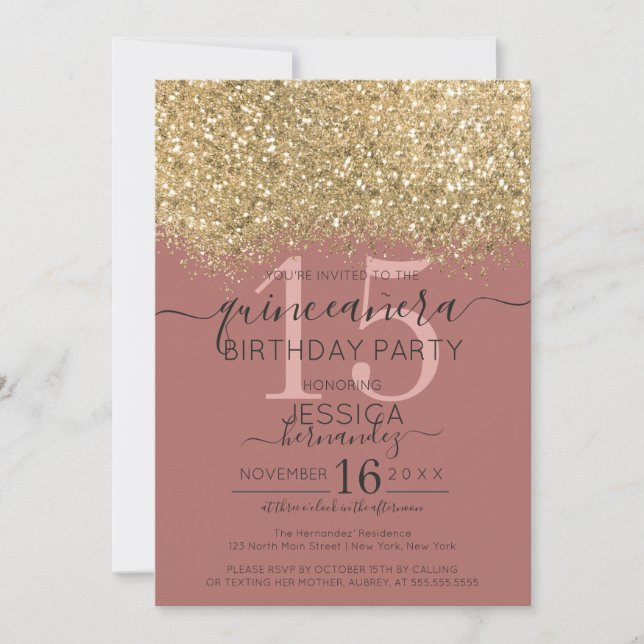 Invitation Chic Gold Dusty Rose Parties scintillant Confetti  (Devant)