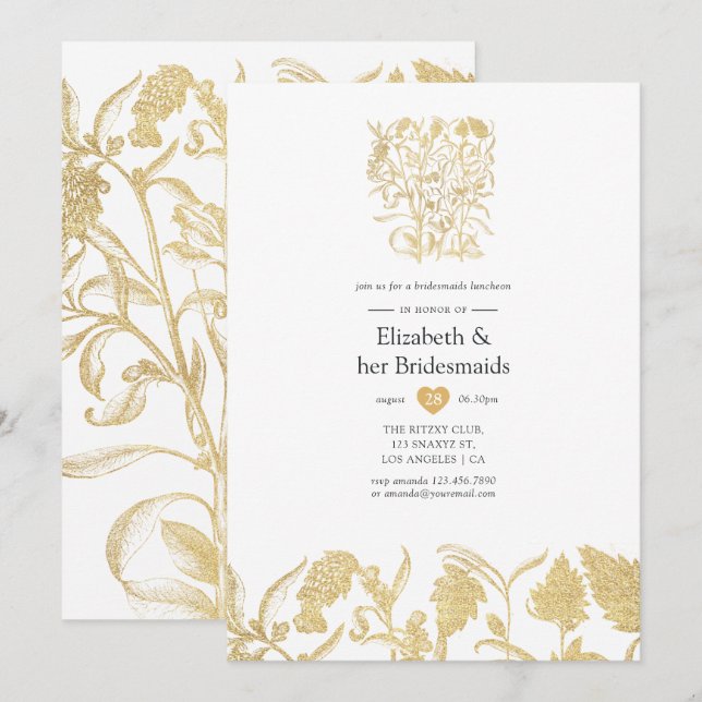 Invitation Chic Gold Floral Bridesmaitres déjeuner (Devant / Derrière)