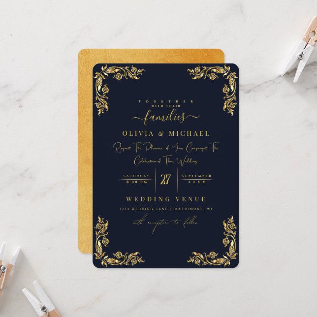 INVITATION CHIC GOLD FLORAL FRAME FOIL & GOLDEN DARK MARIAGE (Devant/Arrière en situation)
