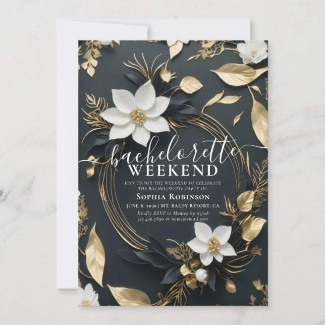 Invitation Chic Gold Floral Wreath Bachelorette Party Weeken (Devant)