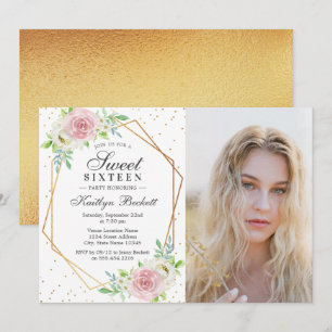 Invitation Chic Gold Foil Floral Photo Sweet 16 Anniversaire