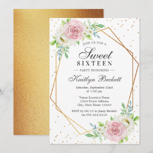 Invitation Chic Gold Foil Floral Sweet 16 anniversaire