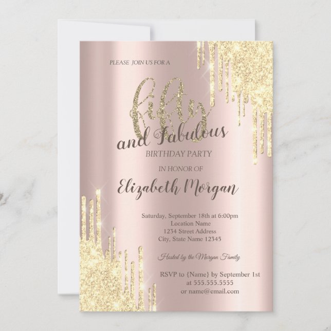 Invitation Chic Gold Glitter Drips Rose Gold 50e Anniversaire (Devant)