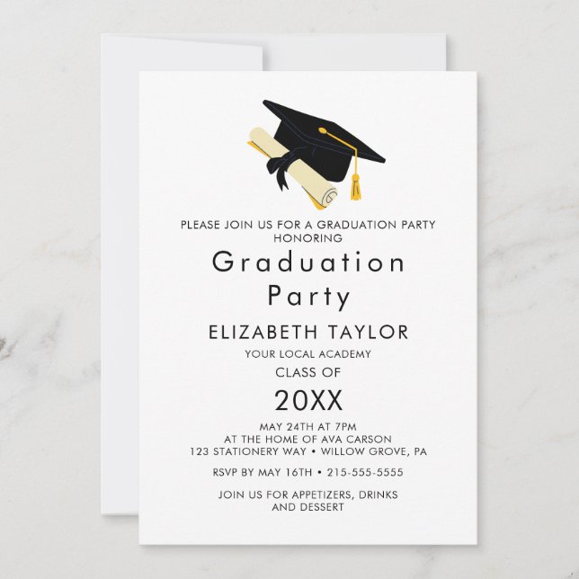 Invitation Chic Gold Grad Casquette Photo Double Graduation P (Devant)