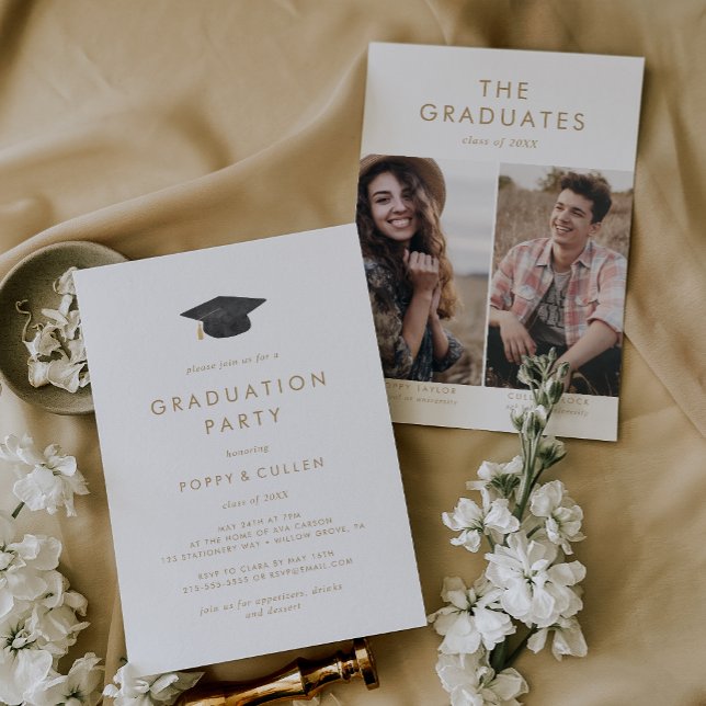 Invitation Chic Gold Grad Casquette Photo Double Graduation P (Créateur téléchargé)