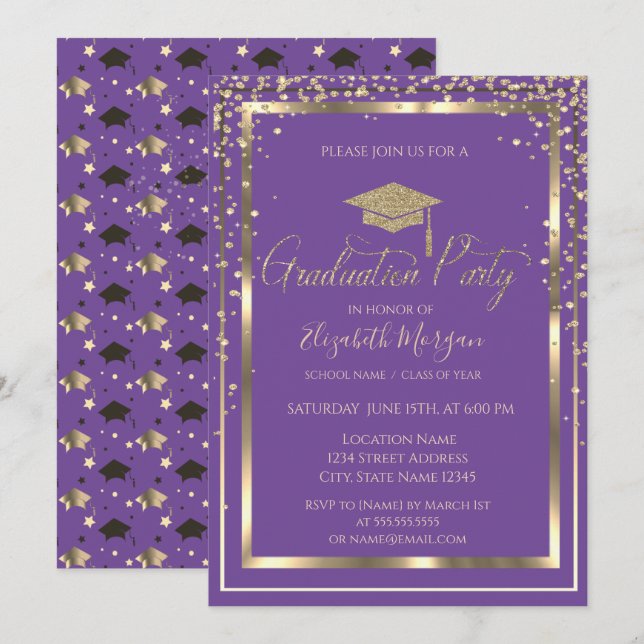Invitation Chic Gold Graduation Cap Violet Graduation (Devant / Derrière)