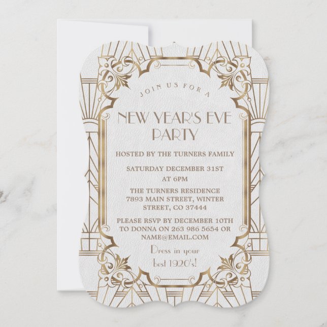 Invitation Chic Gold Great Gatsby White 1920 New Year Party (Devant)