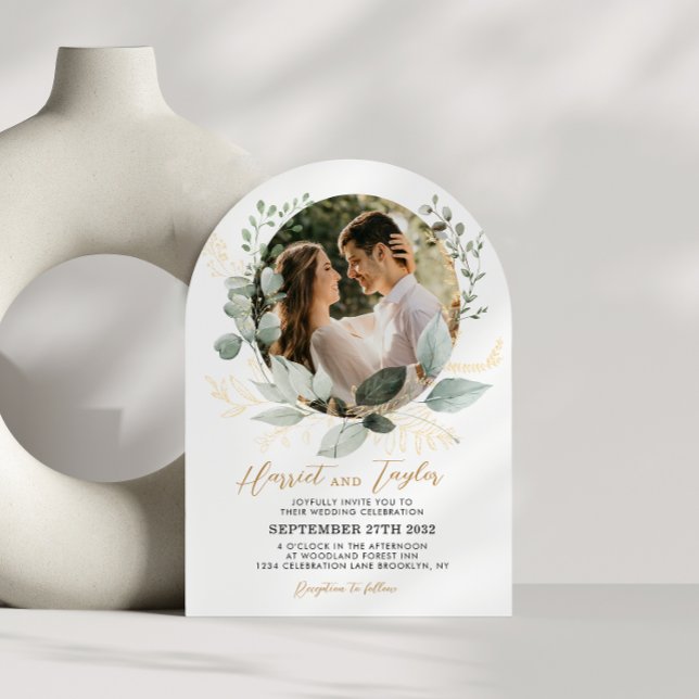 Invitation Chic Gold Greenery Eucalyptus Photo Wedding Arch (Créateur téléchargé)