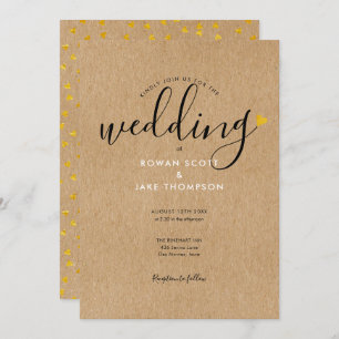 Invitation Chic Gold Heart Rustic Kraft Mariage